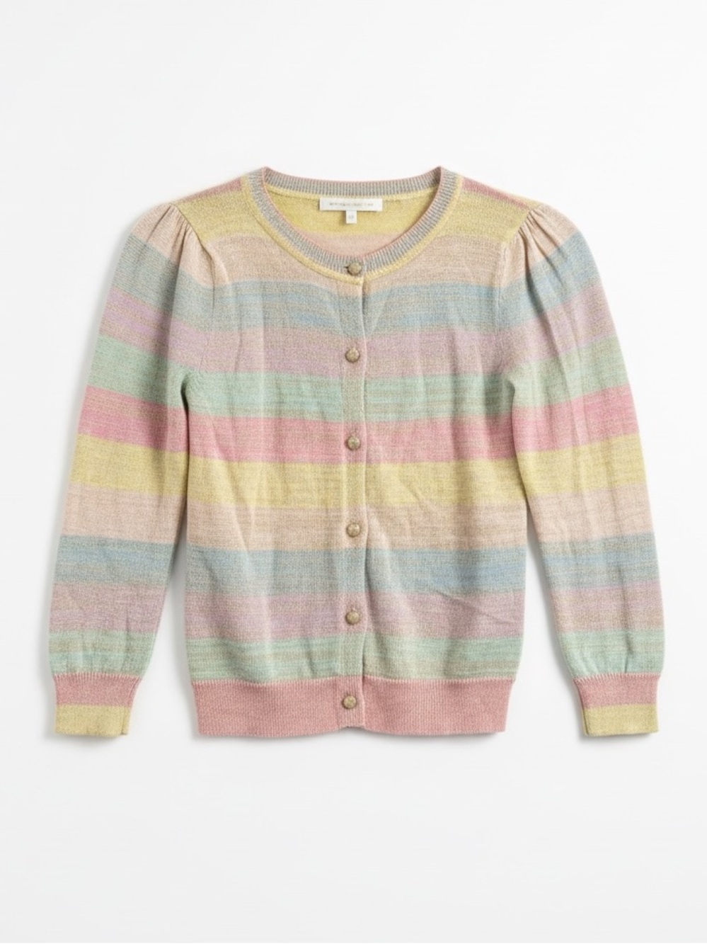 LoveShackFancy Girls 8-9Y Pastel Rainbow Metallic Stripe Cardigan Sweater Puff